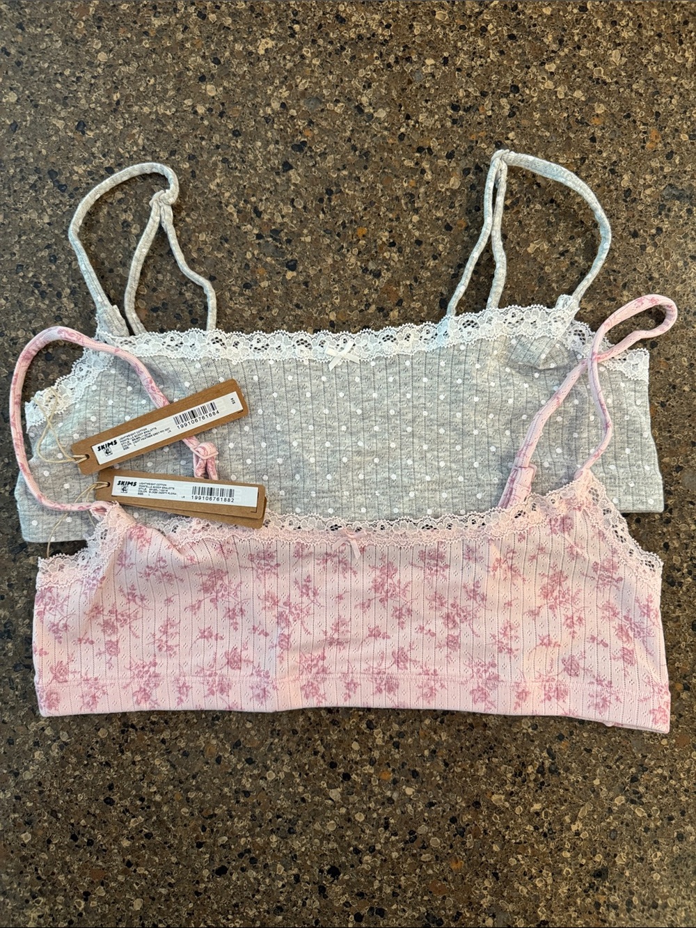 SKIMS Ribbed Lace-Trim Bralette Duo in Pink and Gray